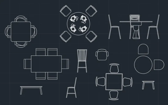 Imagen de bloques de mesas, sillas y más para diseñar comedores